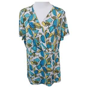 Alfani Beautiful Abstract Floral Blouse Top Plus 2X Stretchy Short Sleeves VNeck